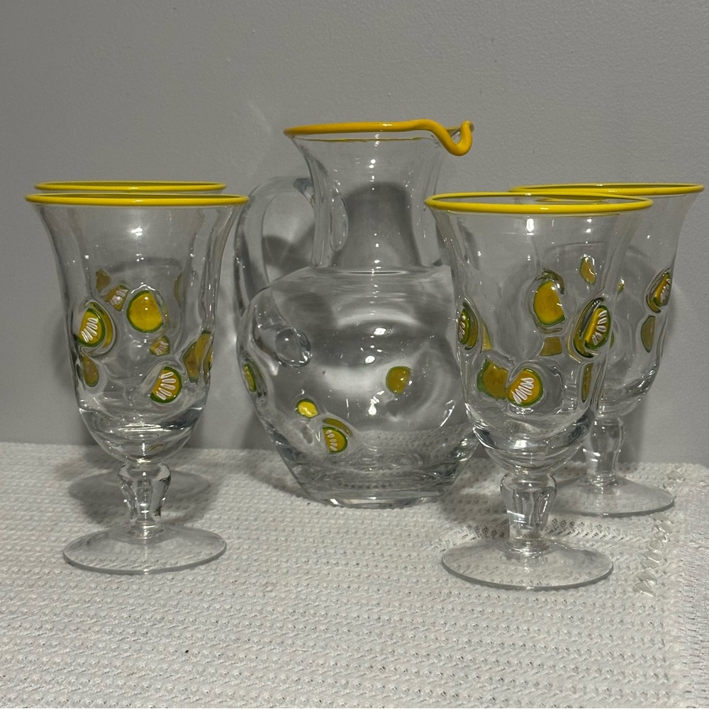 Fused glass Lemon Pattern Glass Pitcher and Goblet Set